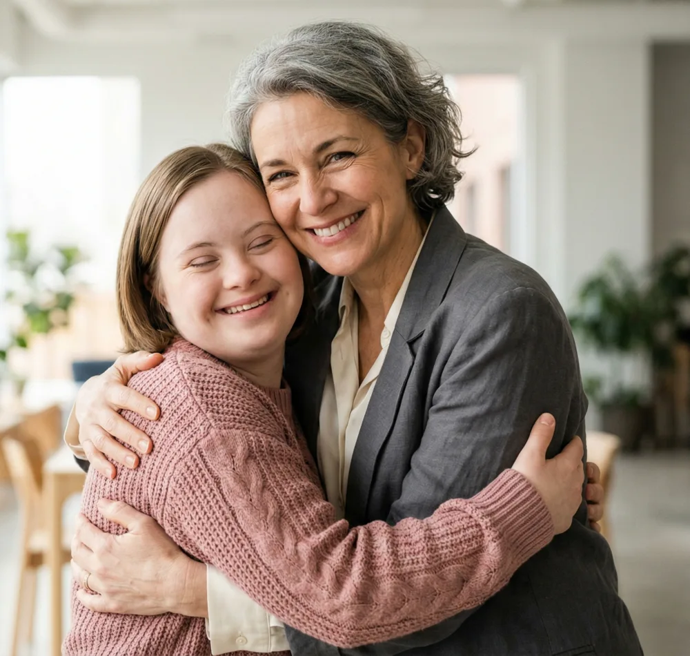 Une femme et une jeune femme qui s'étreignent en souriant